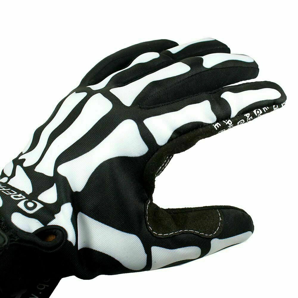 Gothic biker skeleton bone full finger gloves from PressureDen.store, ideal for racing, cycling, and mechanics.