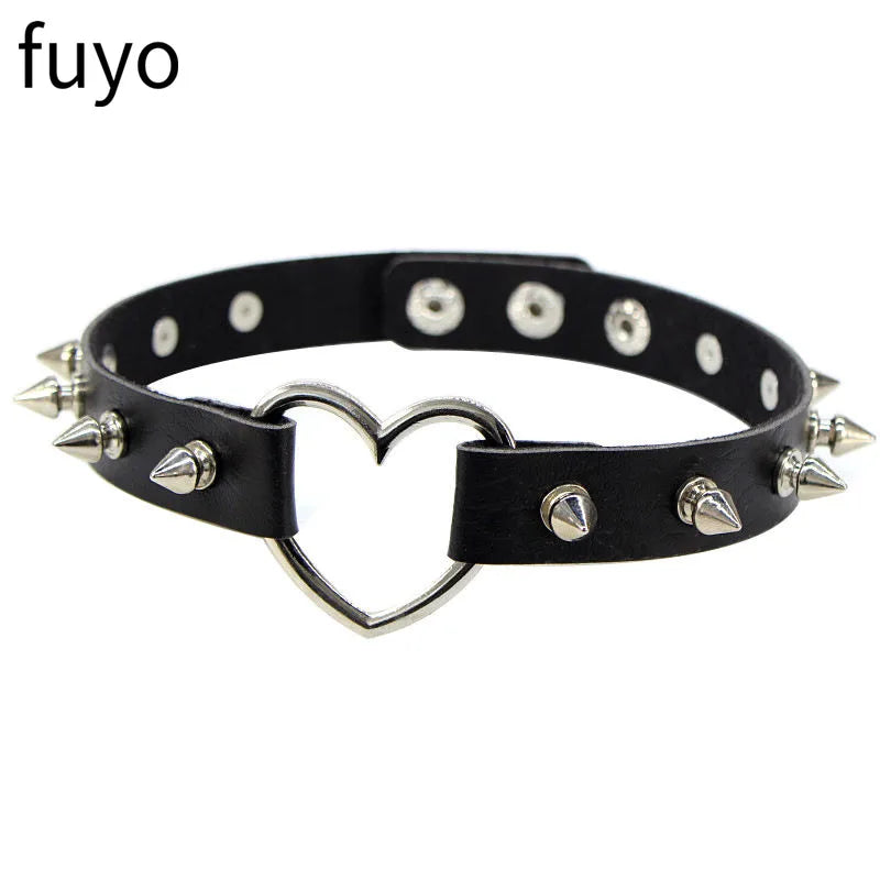 Sexy Goth Choker Necklace Men Punk Rock Heart Geometry PU Necklace for Women Choker Gothic Bondage Goth Jewelry Chocker Neck