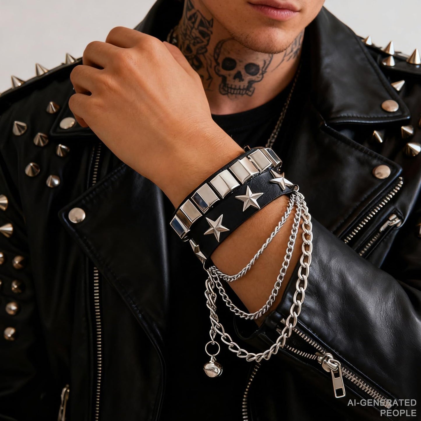 Unisex punk studded bracelet by Aukemuna featuring layered chains, stars, and adjustable black PU leather for edgy emo rock style.