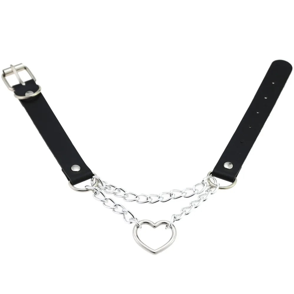 Black leather gothic heart choker necklace with chain detail, perfect for punk and emo styles.
