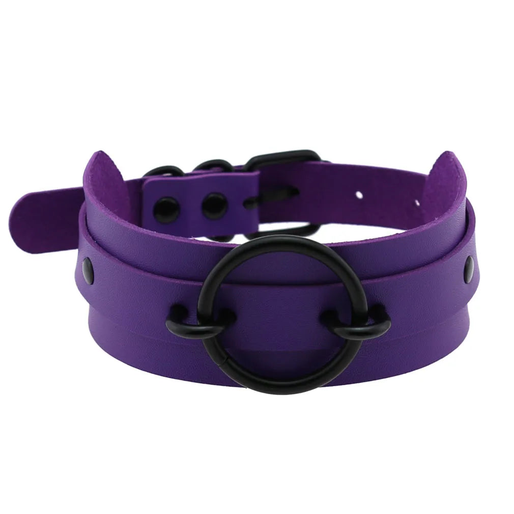 Purple goth punk leather choker necklace with black rivets and metal chain, unisex edgy emo harajuku style accessory.