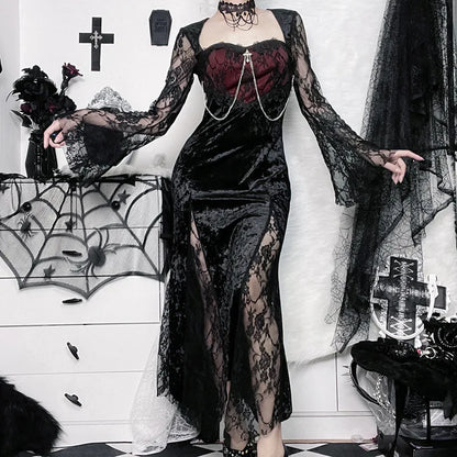 Elegant gothic velvet midi dress with lace splice, ideal for evening wear, featuring a chic and stylish design.