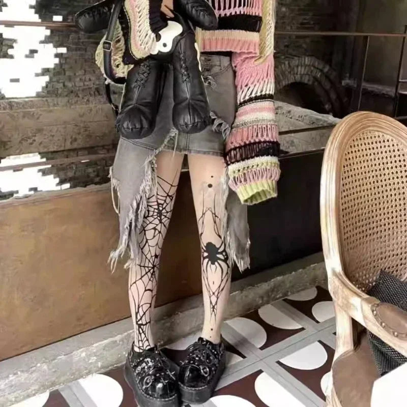 Gothic Big Spider Silk Stockings - Vintage Dark Fishnet Pantyhose for Emo & Alternative Styles