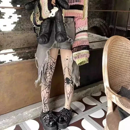 Gothic Big Spider Silk Stockings - Vintage Dark Fishnet Pantyhose for Emo & Alternative Styles