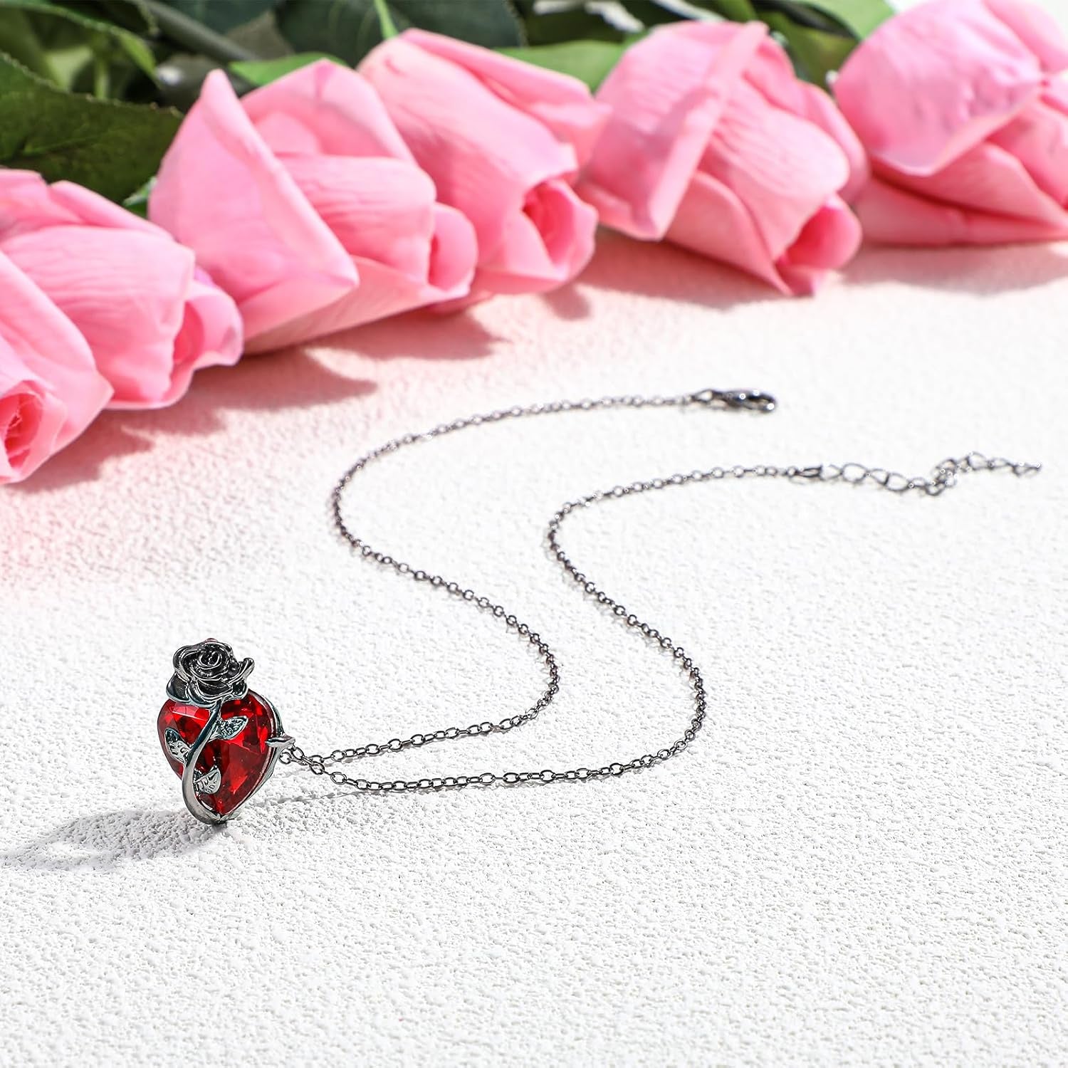 Mabor Gothic rose red heart pendant necklace featuring edgy emo grunge jewelry style with a bold heart charm.