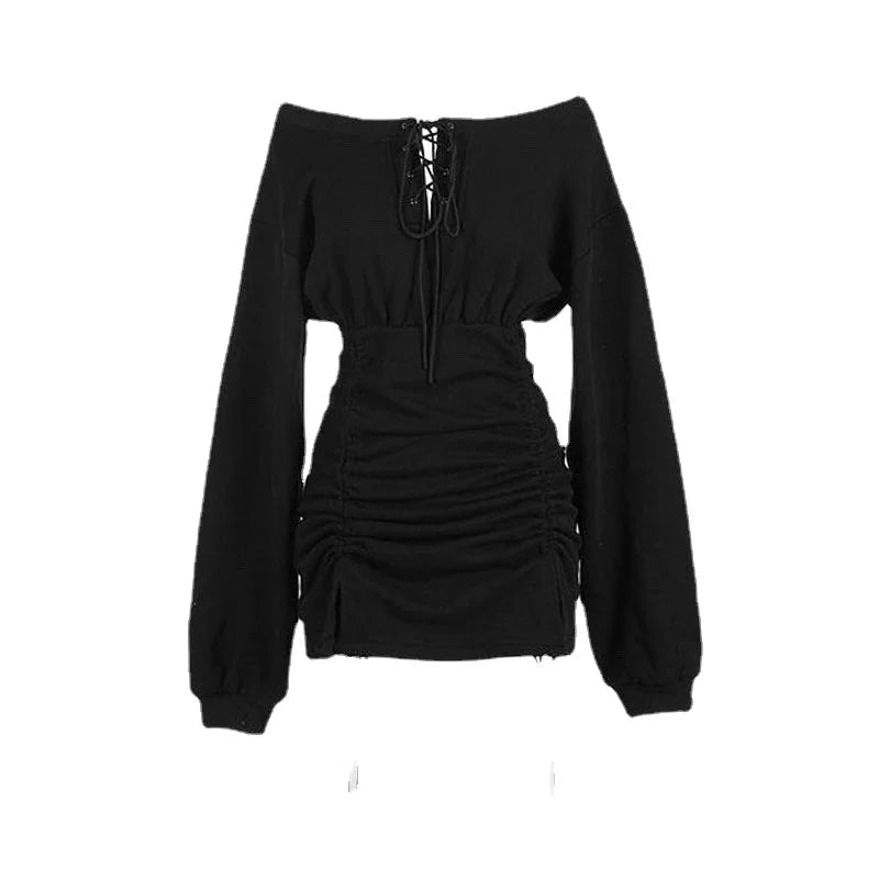 Black off-shoulder pleated sheath dress with lace-up goth style, perfect for spring and summer Y2K grunge fashion.