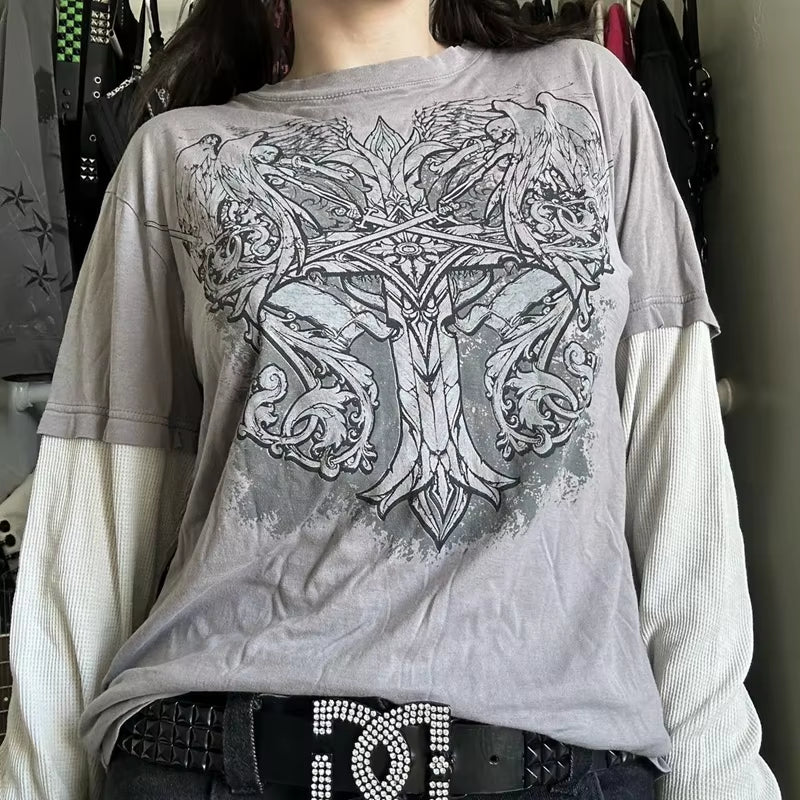 Women’s Y2K cyber grunge long sleeve T-shirt featuring retro patchwork design, gothic style top with harajuku influences.