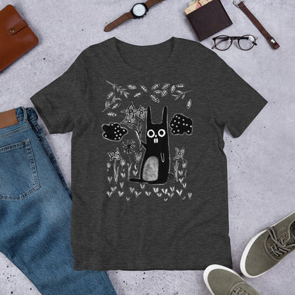 Whimsical garden rabbit T-shirt from PressureDen.store featuring a quirky gothic emo design, perfect for birthdays or housewarmings.