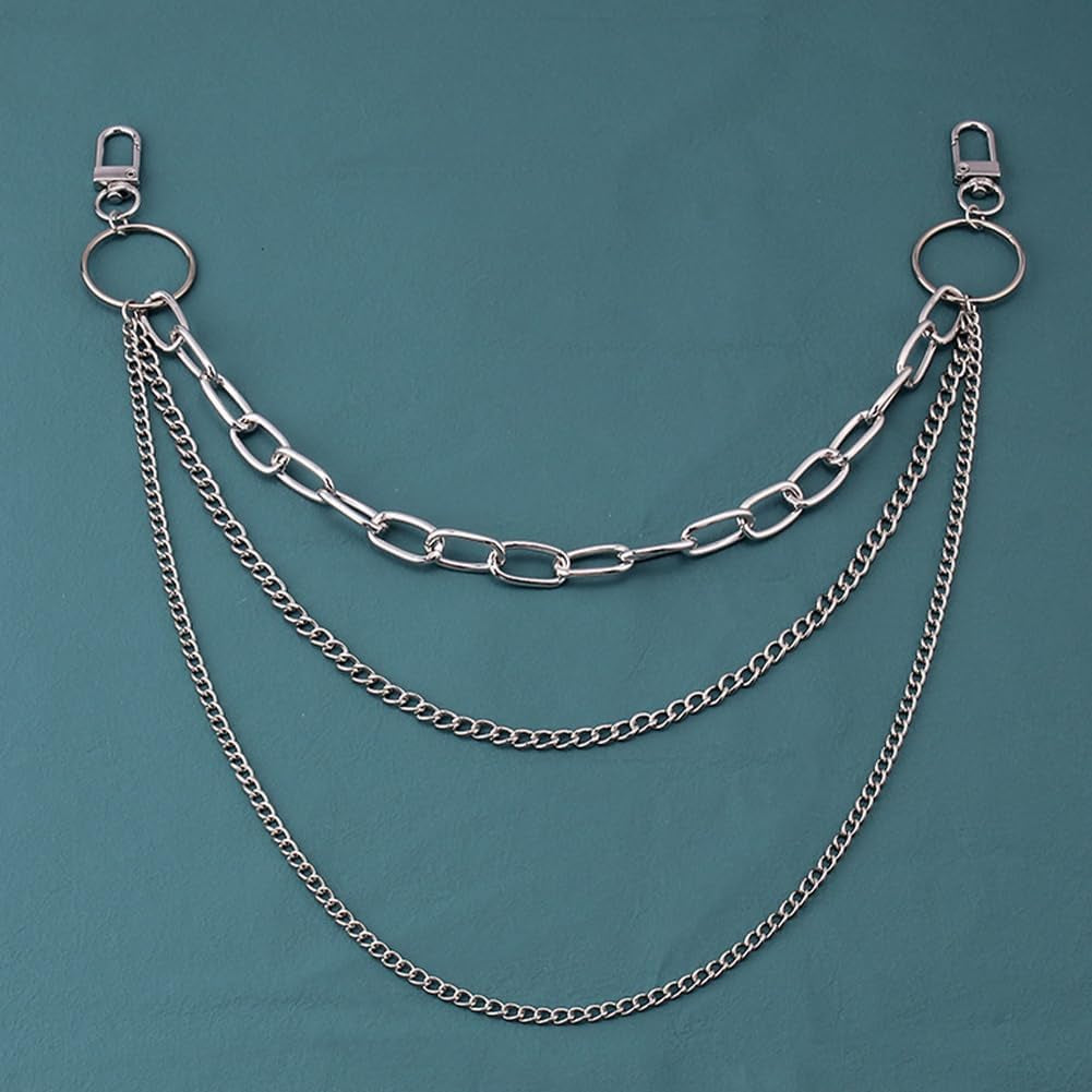Silver punk layered chain by BEAMARKER with wallet chain design, ideal for hip hop, goth outfits, jeans, trousers, or festival fashion