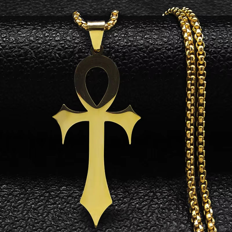 Black stainless steel Gothic Egyptian Ankh necklace with Key of Life amulet, religious jewelry for men and women.