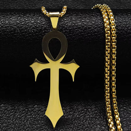 Black stainless steel Gothic Egyptian Ankh necklace with Key of Life amulet, religious jewelry for men and women.