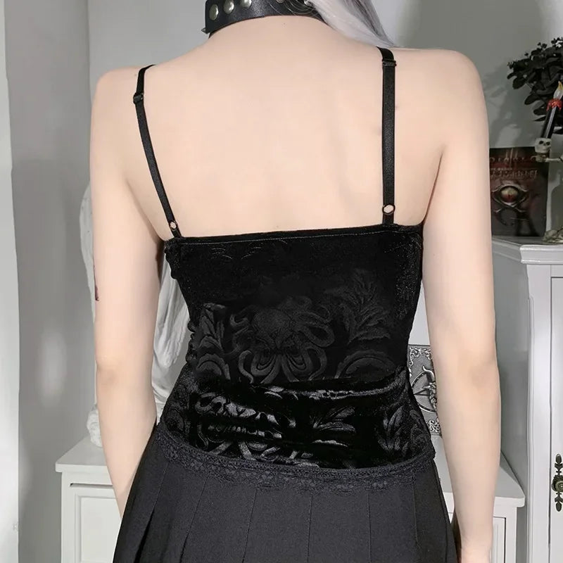 Black velvet Y2K goth crop top with lace trim, backless design, sleeveless strap tanks, stylish emo alternative fashion for women