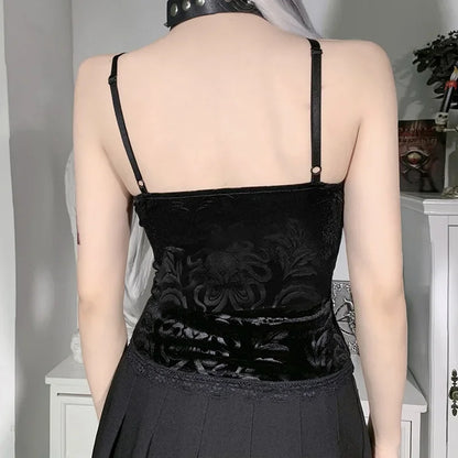 Black velvet Y2K goth crop top with lace trim, backless design, sleeveless strap tanks, stylish emo alternative fashion for women
