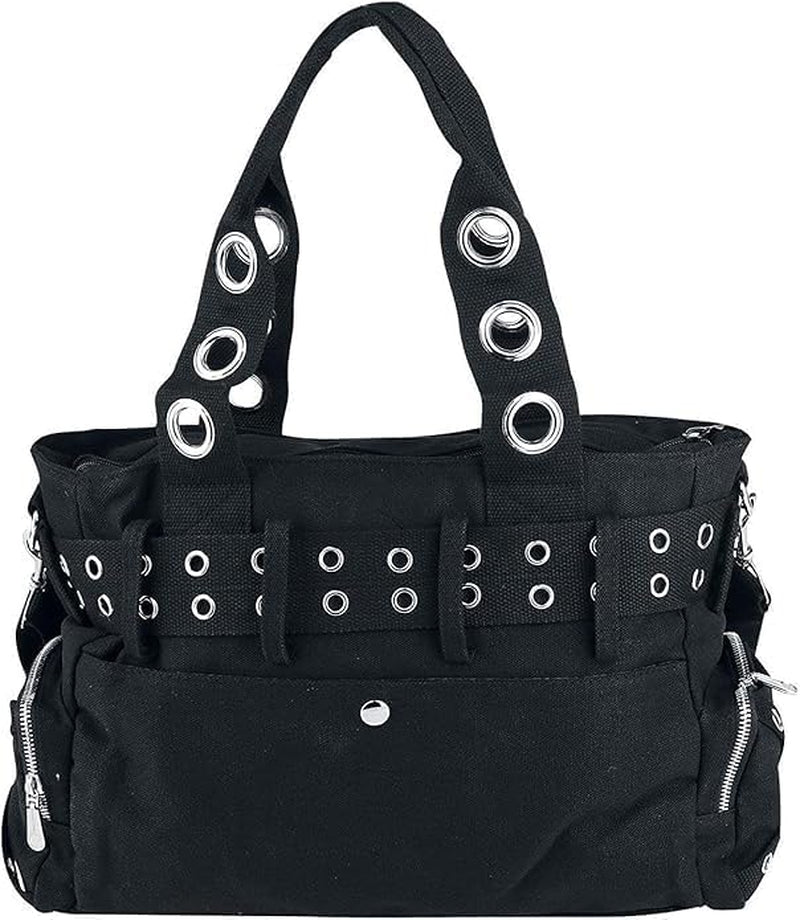 Black gothic punk rock handbag with skull charm and handcuff details from Lost Queen's collection, featuring a bold, edgy design.