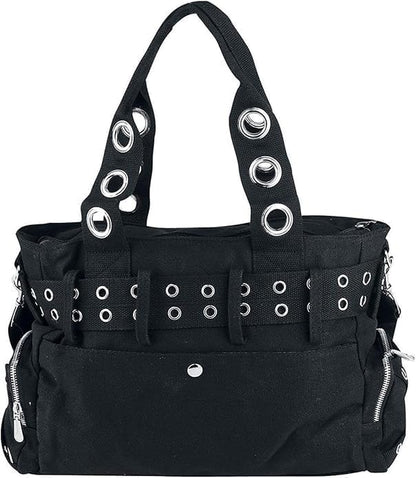 Black gothic punk rock handbag with skull charm and handcuff details from Lost Queen's collection, featuring a bold, edgy design.