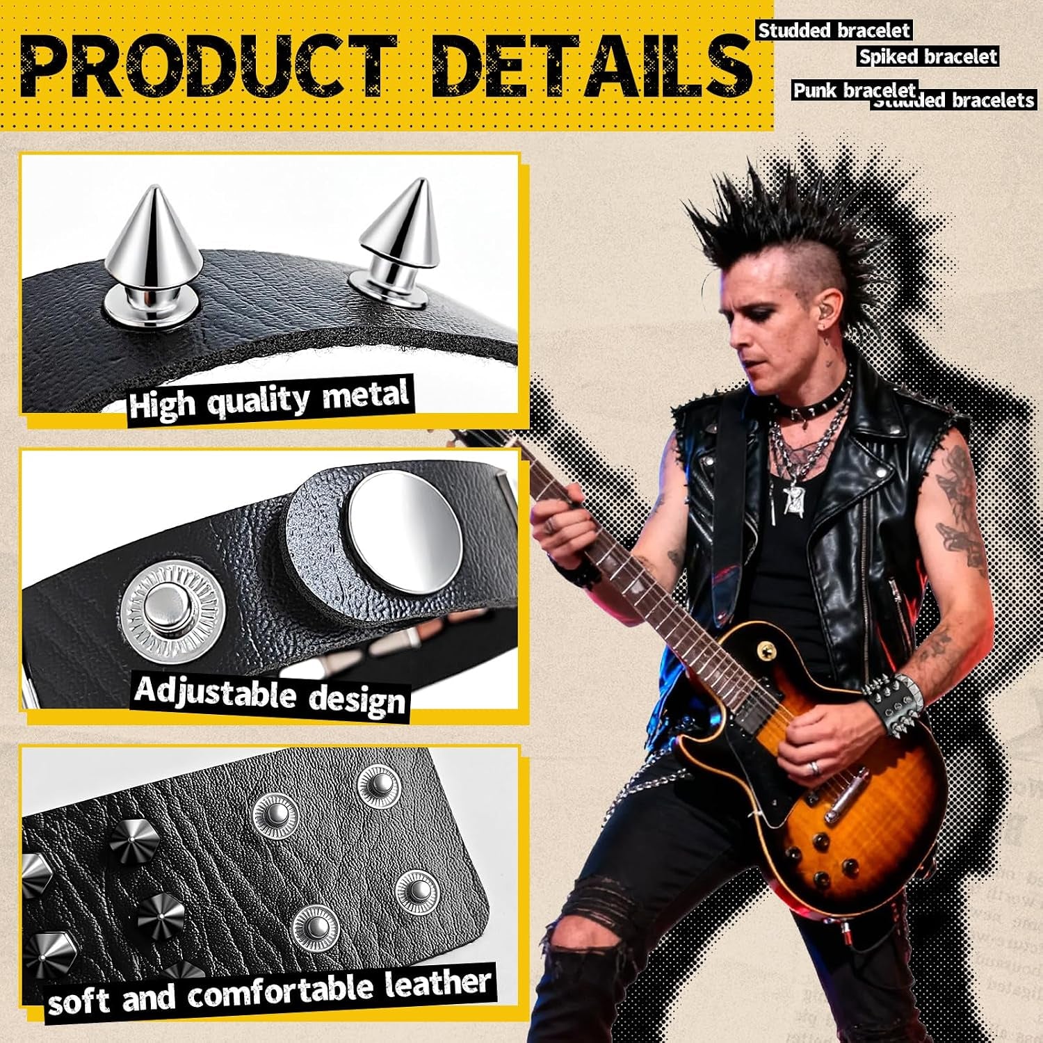 Spike Bracelet for Men & Women | Adjustable Black Leather Punk Bracelets with Studs & Rivets | Goth Rock Biker Wristband
