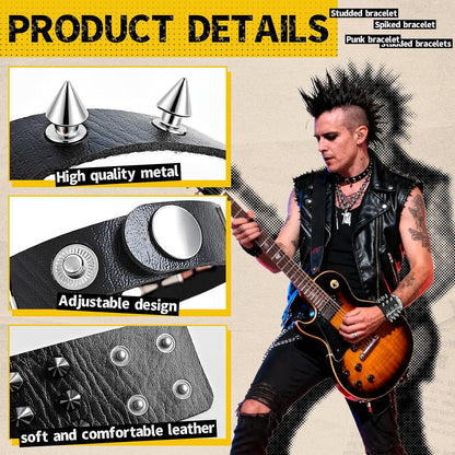 Spike Bracelet for Men & Women | Adjustable Black Leather Punk Bracelets with Studs & Rivets | Goth Rock Biker Wristband