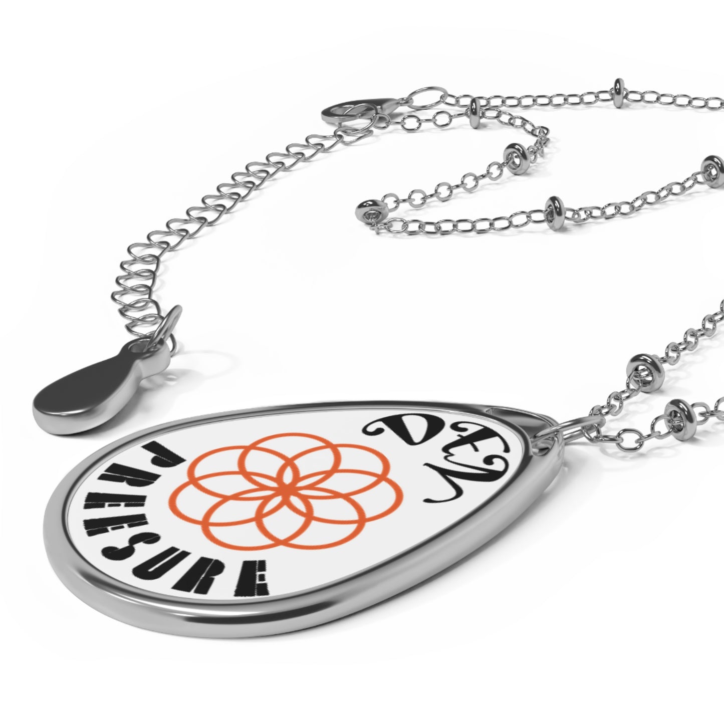 Oval Pendant Necklace — 'PRESSURE DEN' Floral Logo Engraved Teardrop Necklace