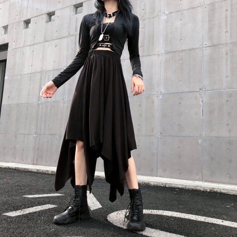 Dark black high waist vintage skirt with irregular hem, goth punk style, perfect for edgy Harajuku fashion.