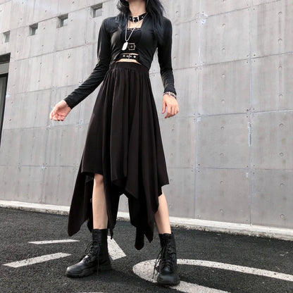 Dark black high waist vintage skirt with irregular hem, goth punk style, perfect for edgy Harajuku fashion.