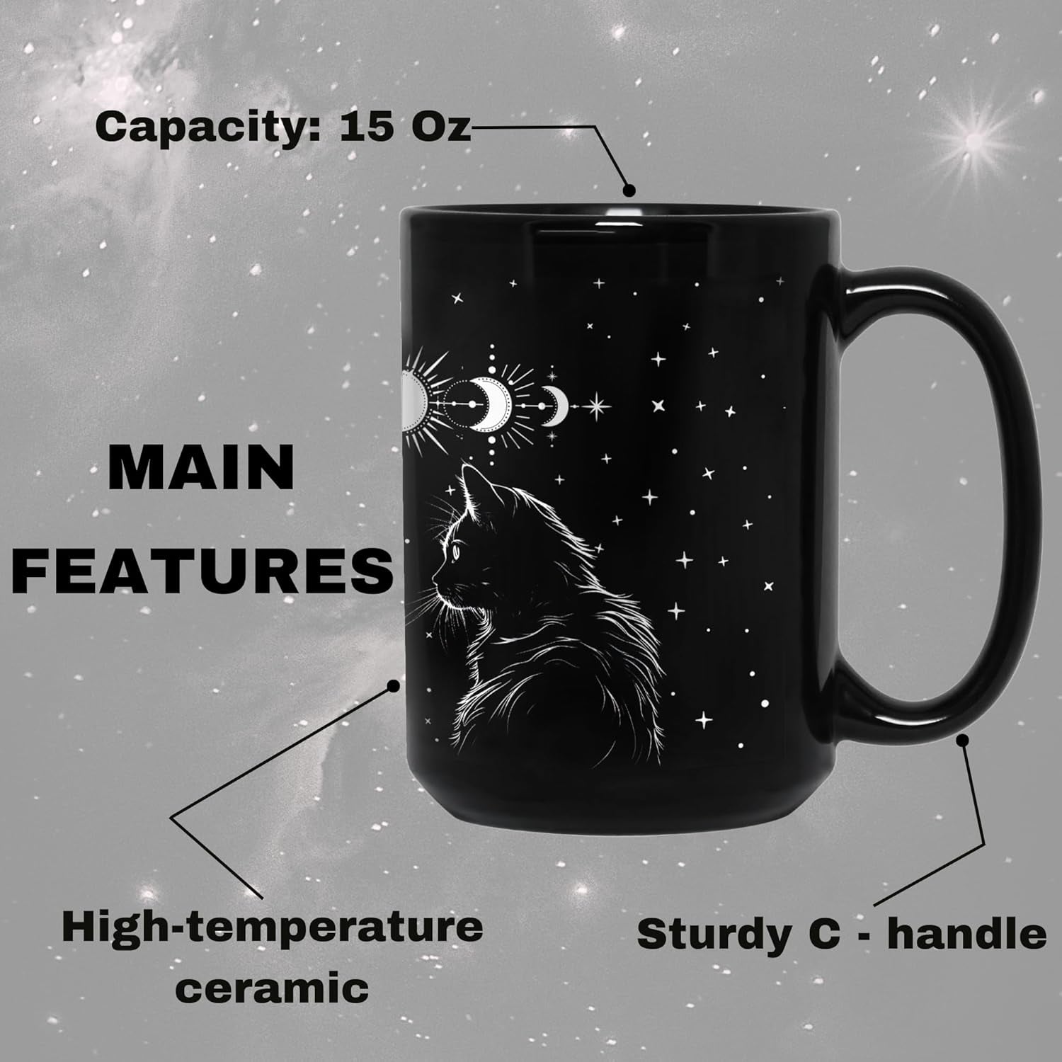 Black Cat Mug 15Oz Cat Lover Gifts for Women Funny Goth Coffee Mug - Witch, Goth Decor Christmas Cup with Cats Goth Gift Witchy Gifts for Women, Men - Xmas Decorations Cats Christmas Gothic Home Decor