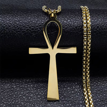 Black stainless steel Gothic Egyptian Ankh necklace with key of life amulet, religious jewelry accessory, detailed design.