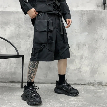 Men's techwear cargo shorts with ribbon belt, multi-pocket design, stylish Harajuku-inspired Bermuda for hip hop fashion.