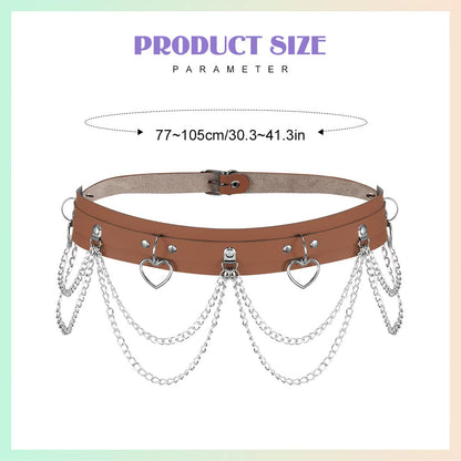 Chic brown heart-shaped PU leather waist chain belt by BODIY, trendy rave accessory for women and girls, featuring a stylish design.