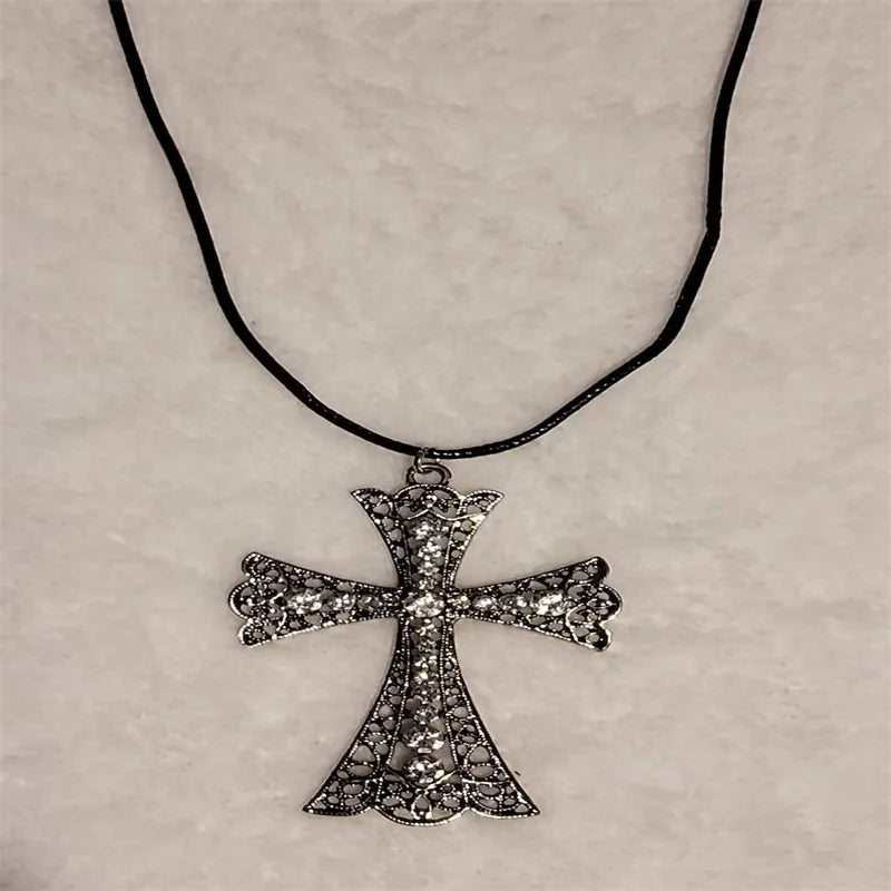 Rhinestone cross choker necklace with spiral design, gothic punk style jewelry for women, featuring sparkling rhinestones and adjustable fit.
