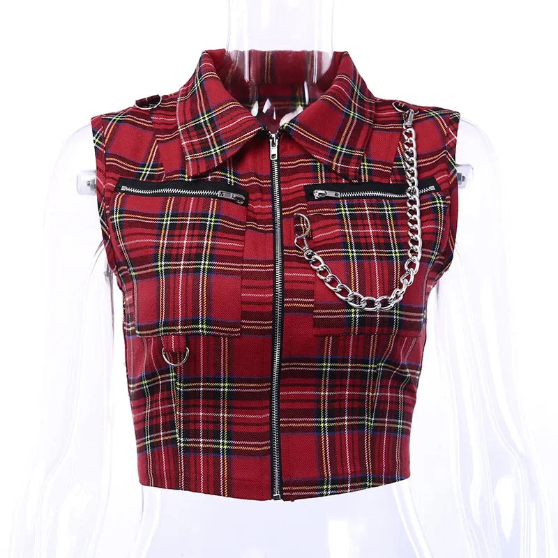 Gothic plaid crop top with zipper chain detail, trendy punk streetwear for women, featuring a stylish black and red checkered pattern.