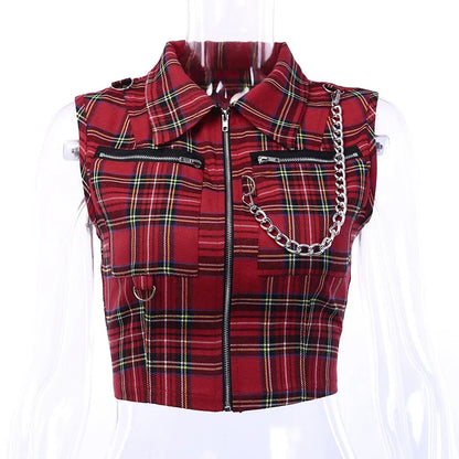Gothic plaid crop top with zipper chain detail, trendy punk streetwear for women, featuring a stylish black and red checkered pattern.