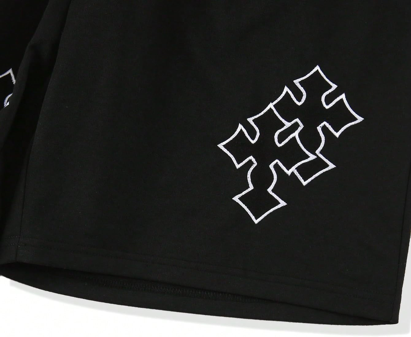 Men's goth cross graphic workout shorts by VIPWOLF, stylish black drawstring track shorts for running and training activities.