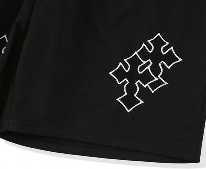 Men's goth cross graphic workout shorts by VIPWOLF, stylish black drawstring track shorts for running and training activities.