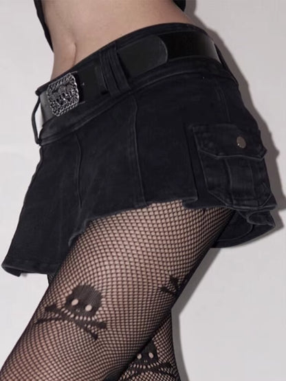 Dark gothic mini skirt with skull belt, edgy Harajuku Y2K punk grunge style for women, trendy clubwear from PressureDen.store
