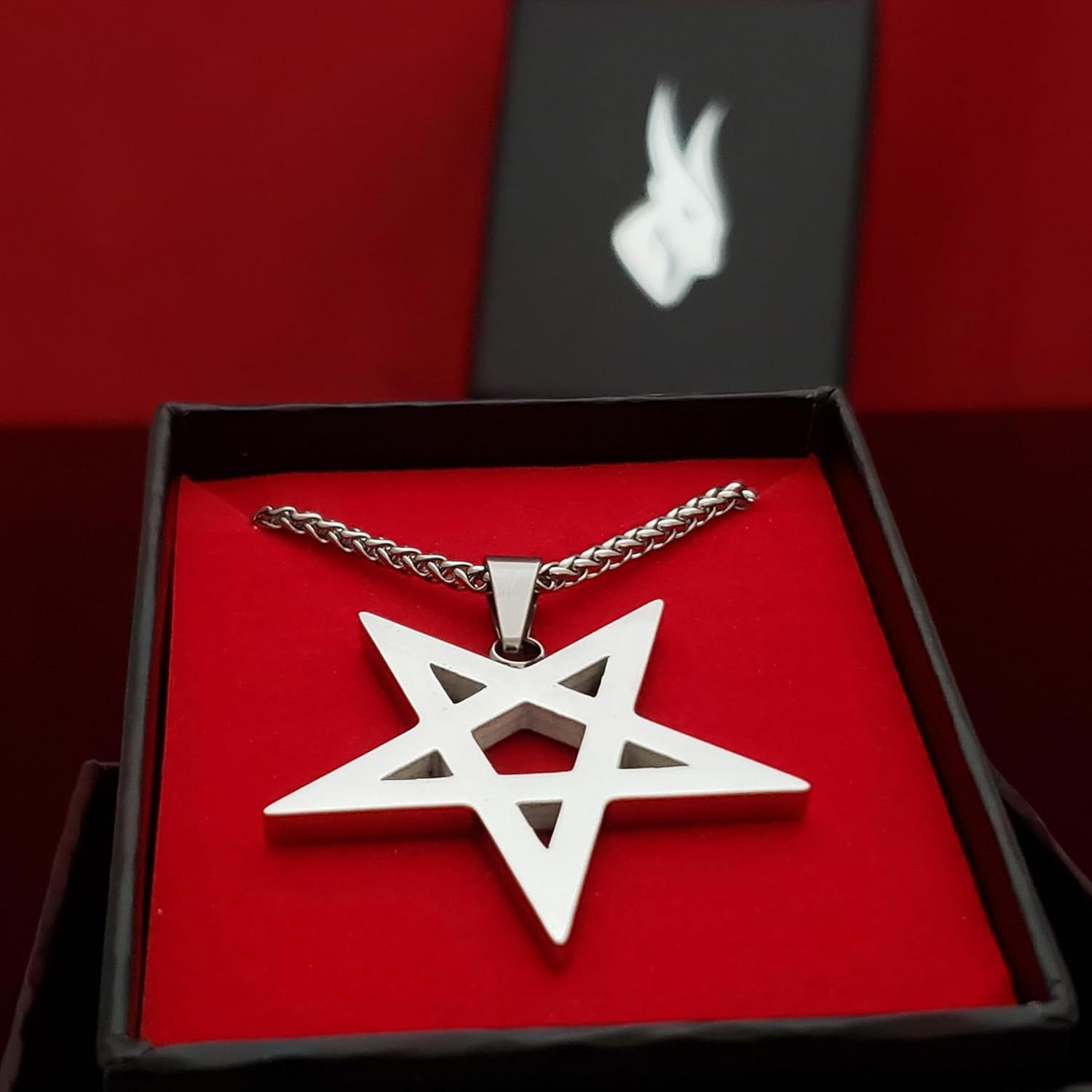 Black gothic inverted pentagram necklace with occult symbols, gothic jewelry for witchcraft lovers, from XerxesJewelry.com