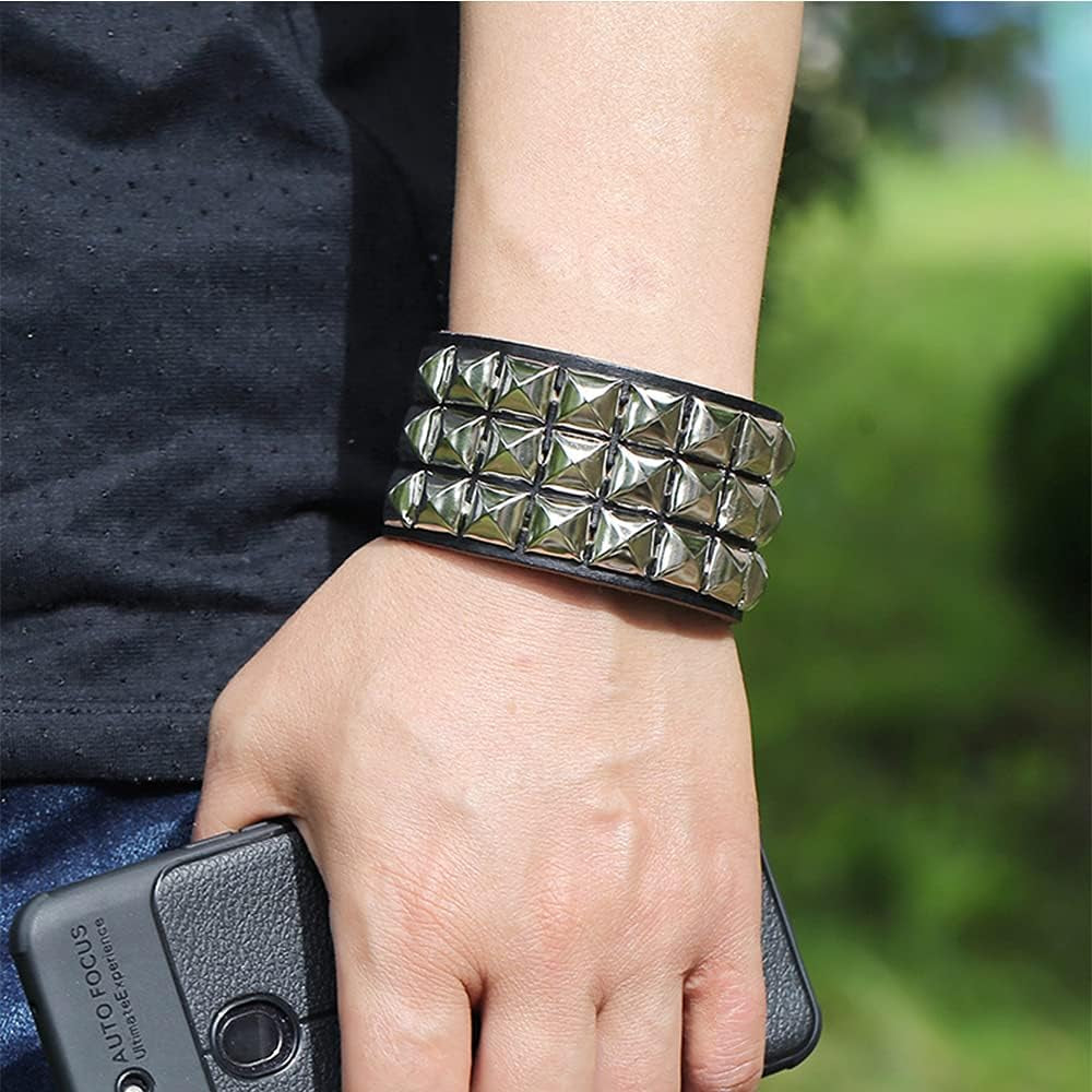 Black punk leather bracelet with metal studs, edgy goth wristband for men and women by BaBakiak