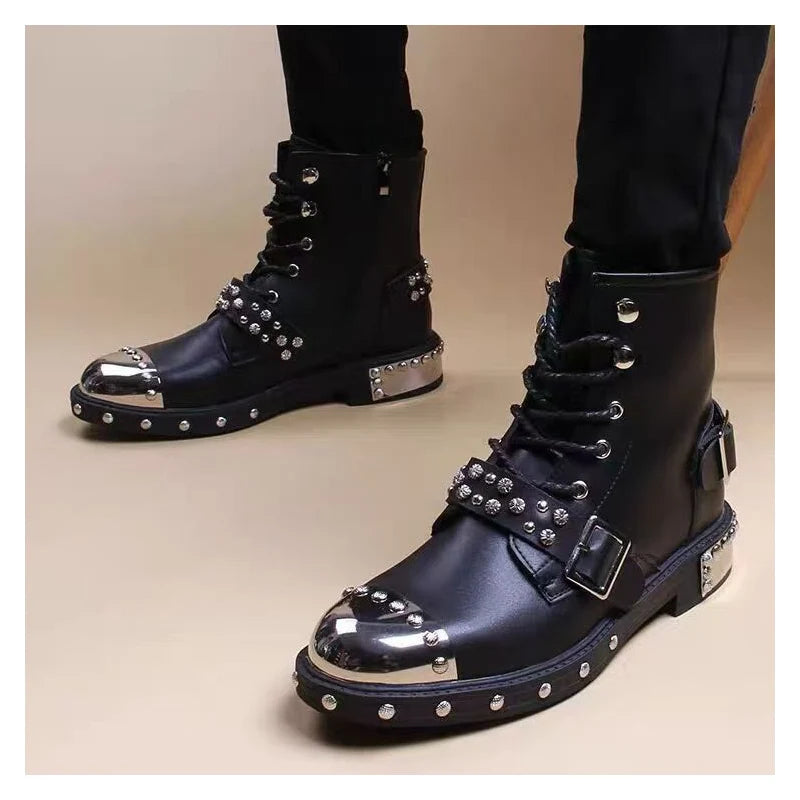 Men's luxury punk goth motorcycle boots with lace-up leather design, rivets, and platform soles for edgy style.