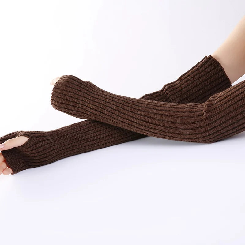 Chic long fingerless gloves for women, soft knitted winter arm warmers with a gothic punk style, casual and comfortable.
