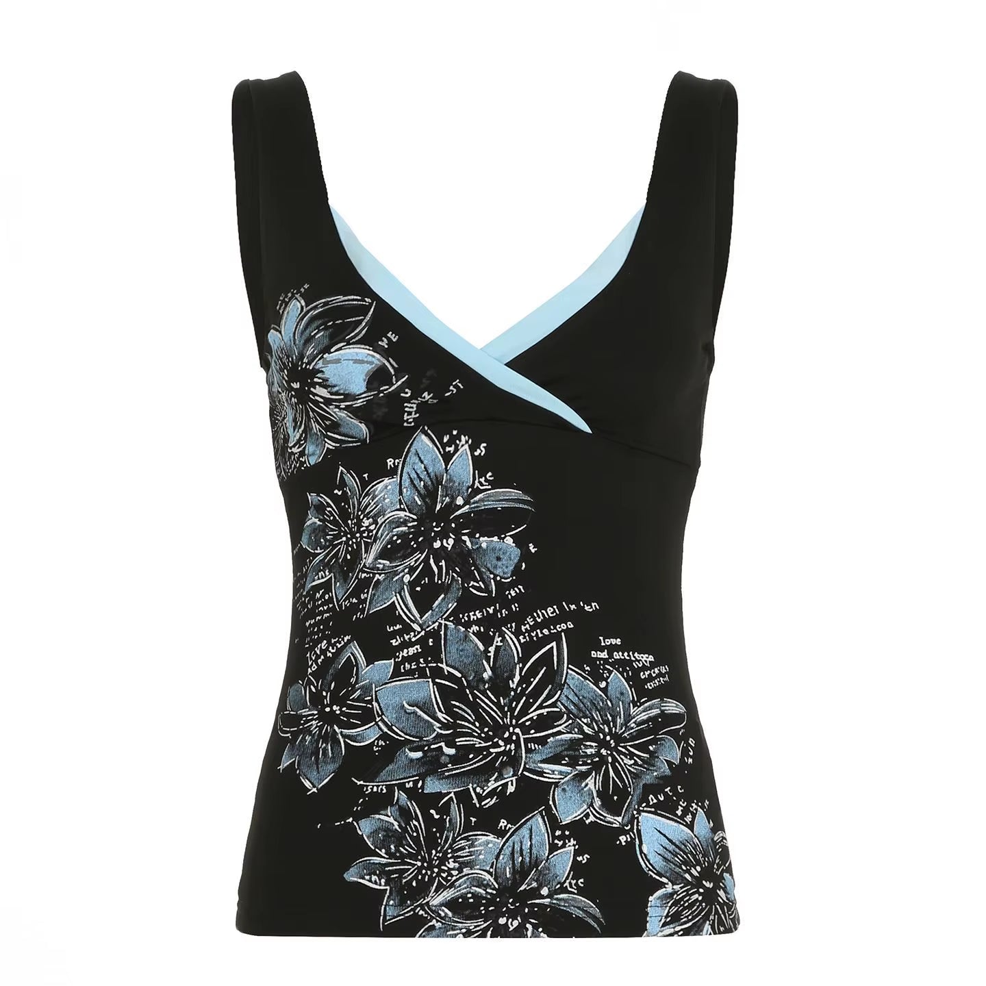 Black printed suspender vest for women featuring a V-neck design, American retro Y2K goth style, slim fit, and fashionable look.