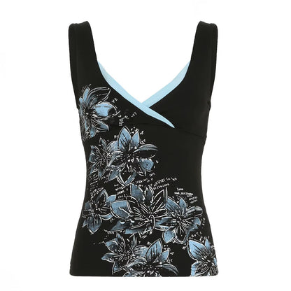 Black printed suspender vest for women featuring a V-neck design, American retro Y2K goth style, slim fit, and fashionable look.