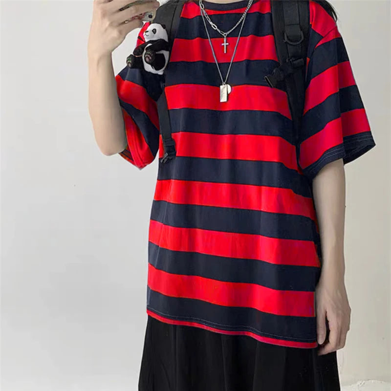 Oversized harajuku goth punk stripe print T-shirt for women, featuring a loose fit and hip hop style from PressureDen.store.