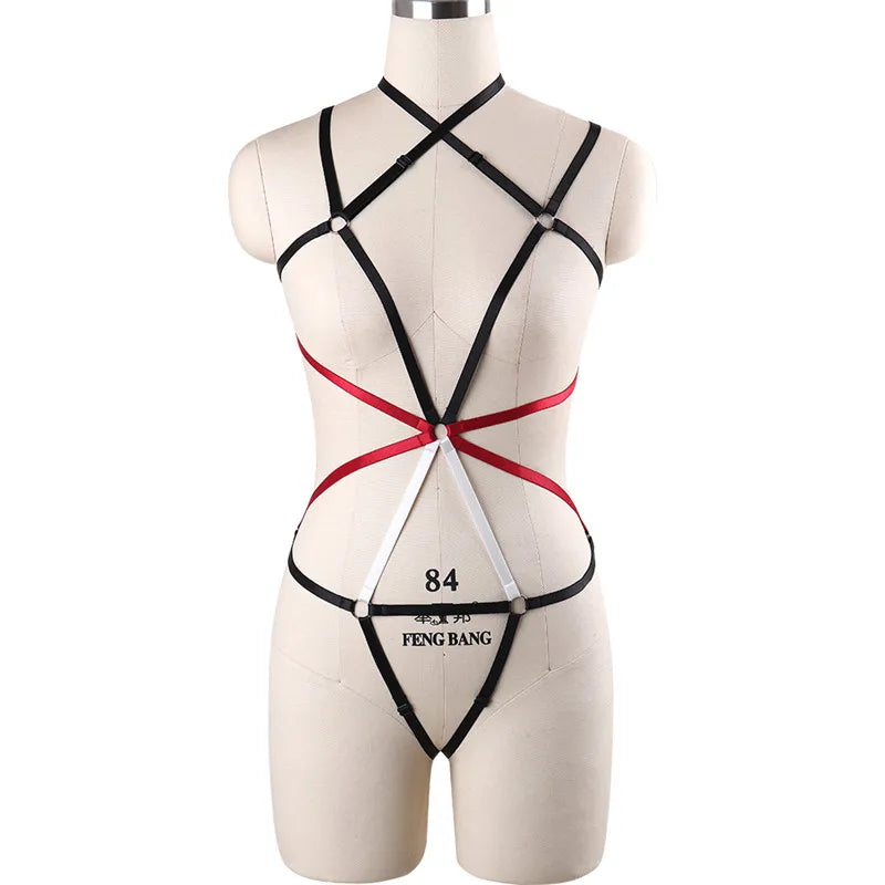 Red Garters Belt Body Harness Bondage Stockings Suspenders Belt Elastic Adjust Strap Lingerie Goth Fetish Dance Wear