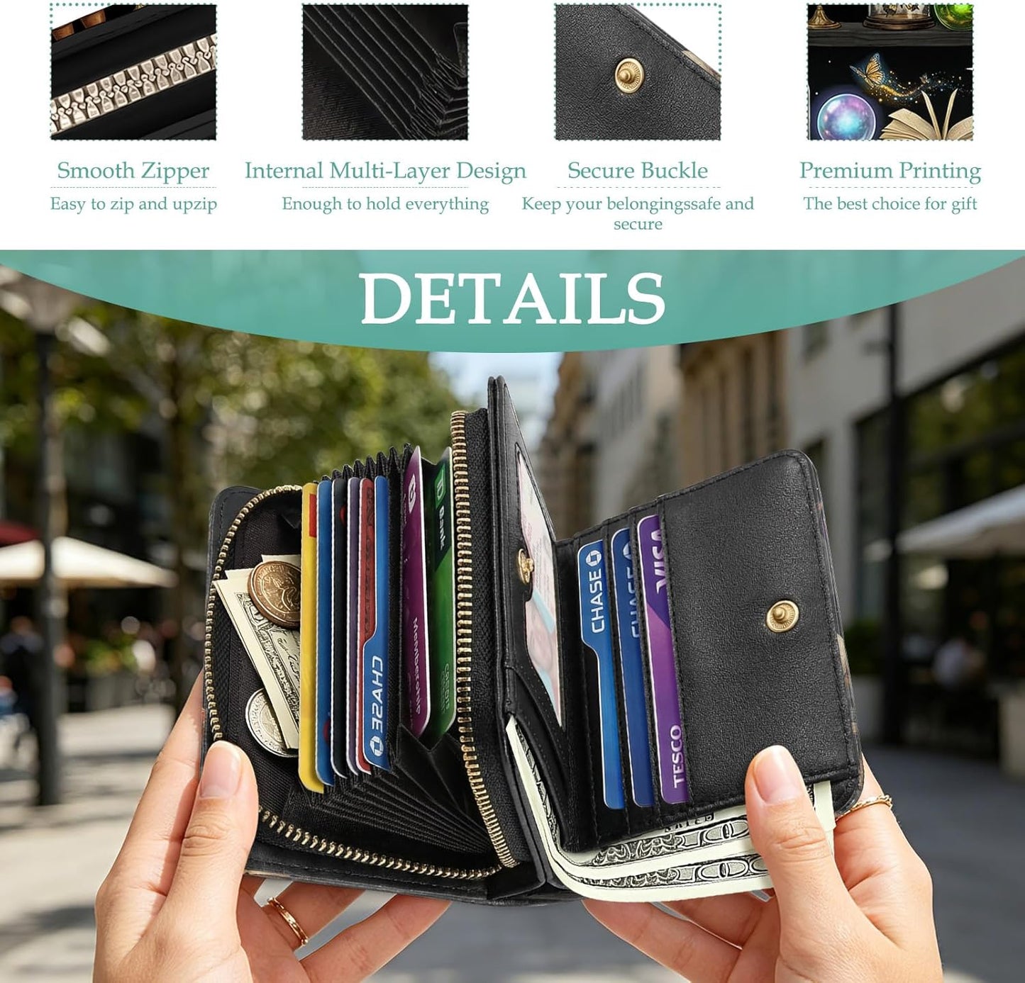 Goth Womens Wallet, Goth Book Shelf Acoordion Wallet for Women, Gothic Skull Card Holder Purse, Birthday Gothic Graduation Gifts for Women, Lady Womens Gift