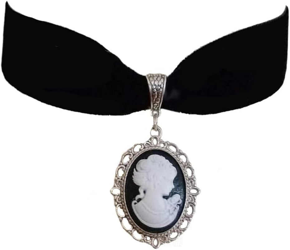 Black velvet princess choker necklace with Victorian crystal cameo, gothic steampunk style by Cykdohy, elegant jewelry accessory.