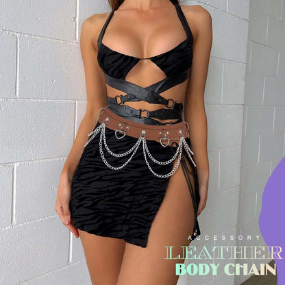 Brown heart-shaped PU leather waist chain belt by BODIY, stylish rave accessory for women and girls.