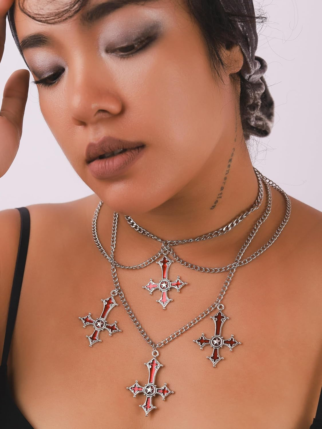 Gothic Red Goth Cross Necklace, Gothic Goth Emo Necklace, Grunge Costume Jewelry, Christmas Jewelry Gift for Women