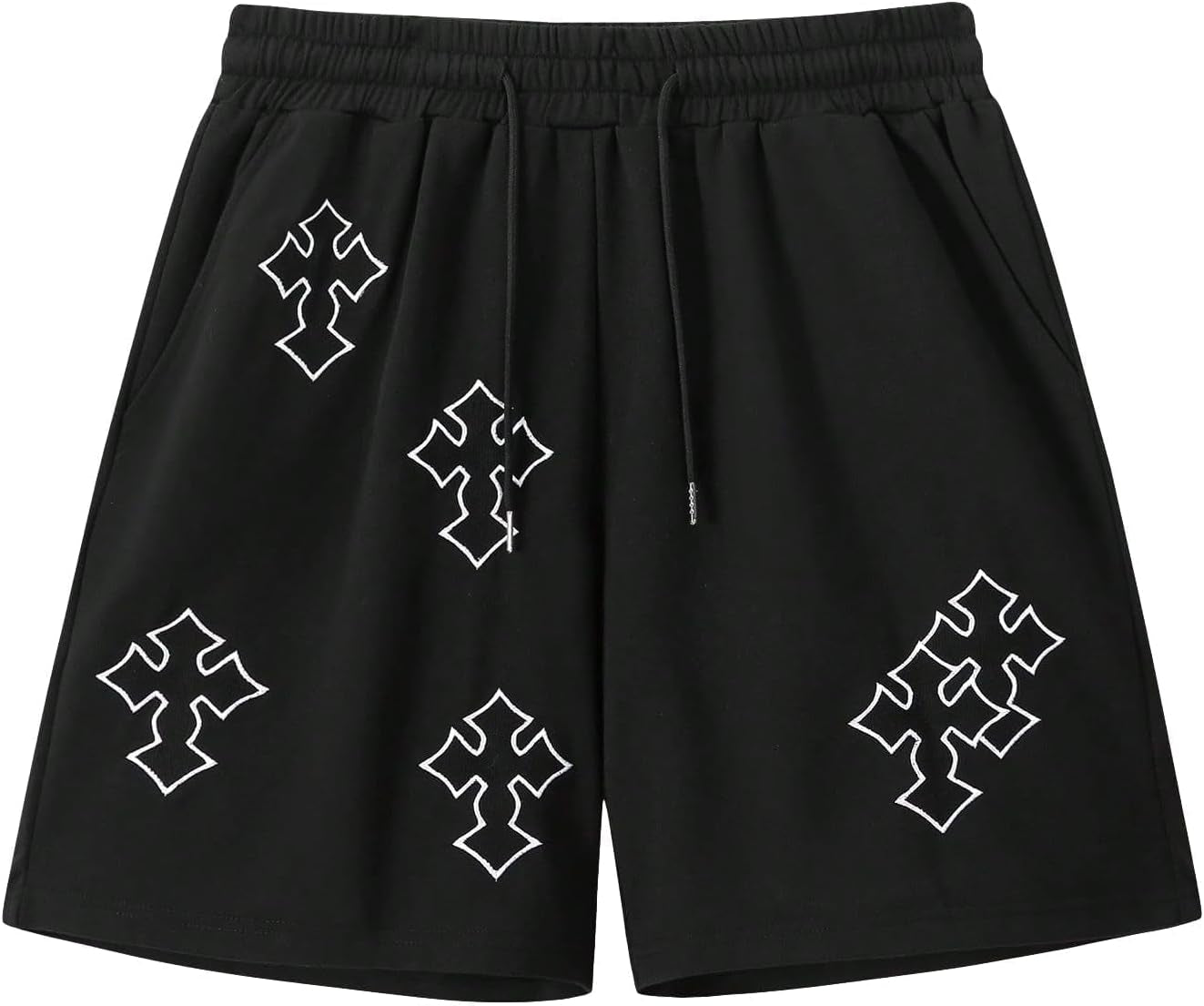 Men's Goth Cross graphic workout shorts by VIPWOLF, stylish black drawstring track shorts with gothic cross design for running and training.