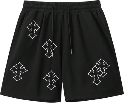 Men's Goth Cross graphic workout shorts by VIPWOLF, stylish black drawstring track shorts with gothic cross design for running and training.