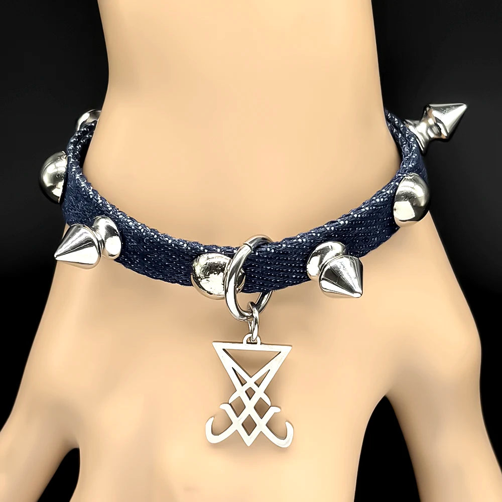 Gothic punk stainless steel choker necklace with satanic sigil, featuring a Lavey devil leather chain design.