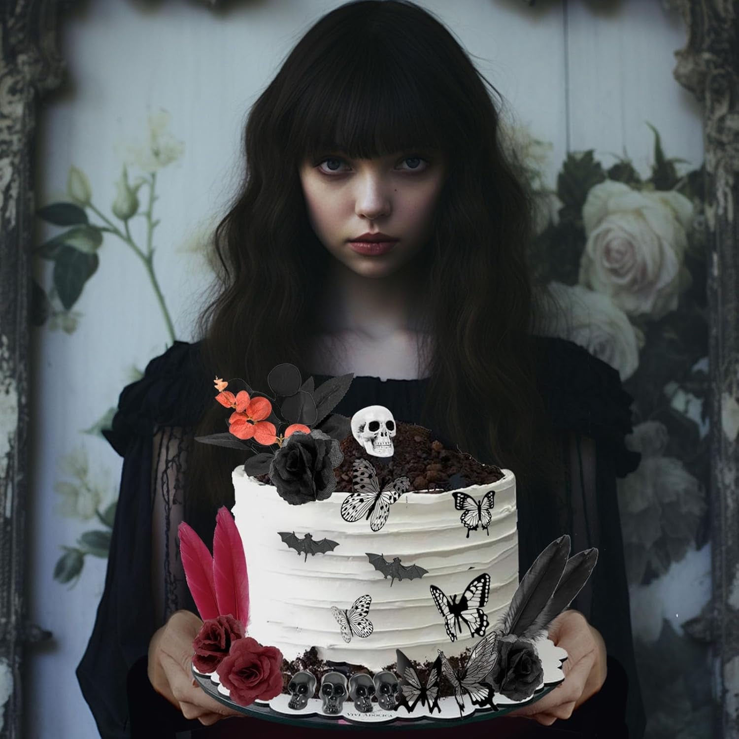 Gothic Cake Decorations - 26PCS Black Cake Toppers with Red Black Rose, Skull, Butterfly Cupcake Toppers for Goth Birthday, Wedding, Halloween